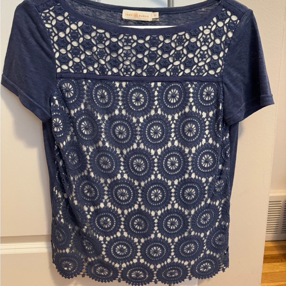 Tory Burch Lace Front Tee Blue White XS Great Condition
